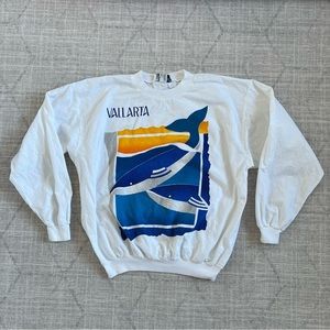 Vintage 1980s Vallarta Blue Whales Ocean Beach White Yacht Pullover Crewneck